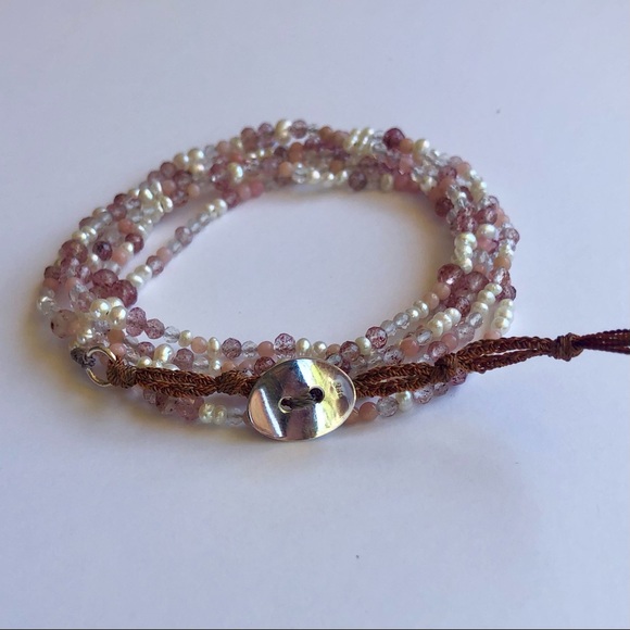 [handmade] Genuine Sterling Silver, Gemstone & Pearl Corded Wrap Bracelet - Picture 3 of 9